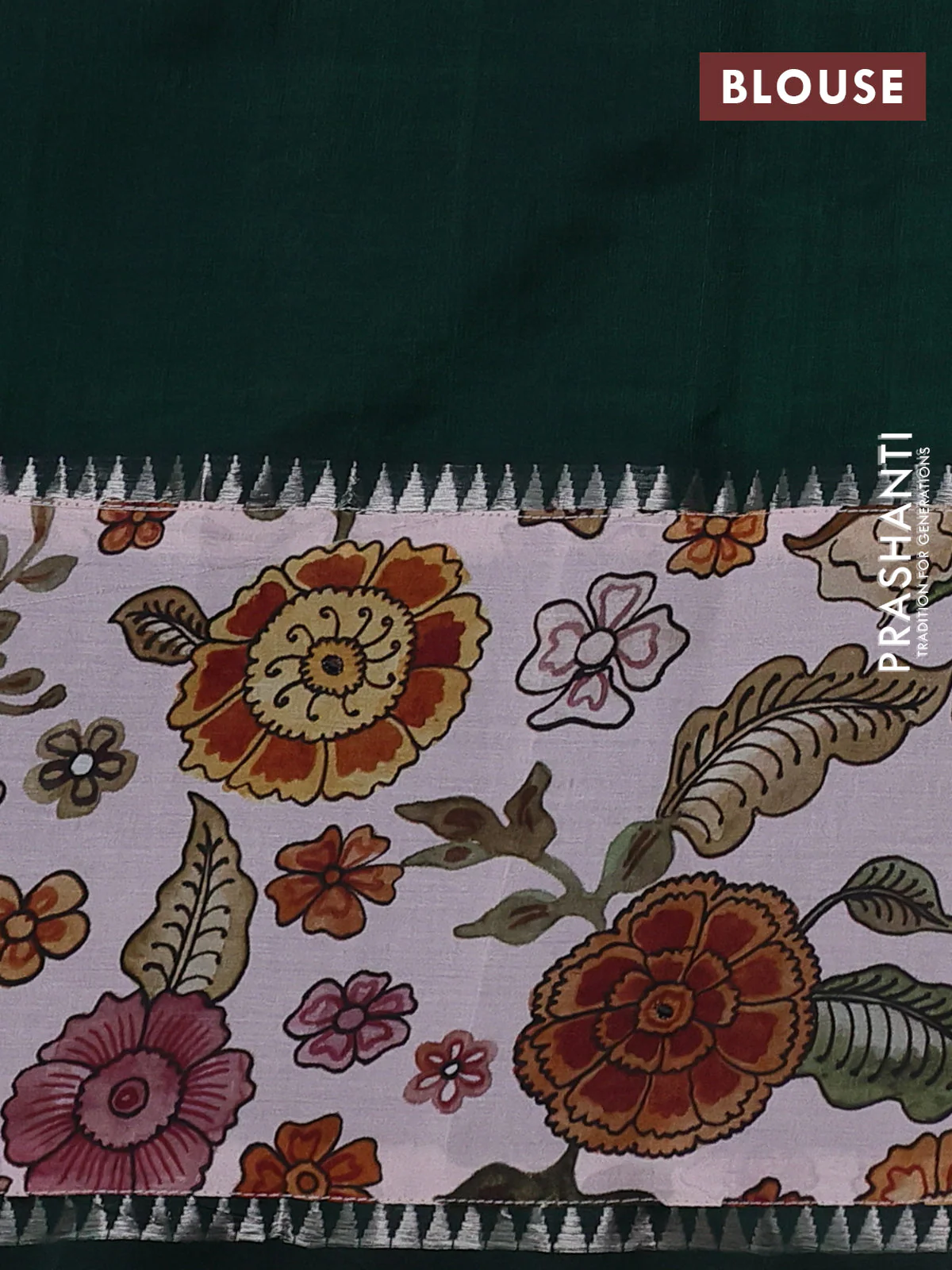 Mangalgiri silk cotton saree dark green and pastel shade with plain body and temple design kalamkari printed applique border - Image 3