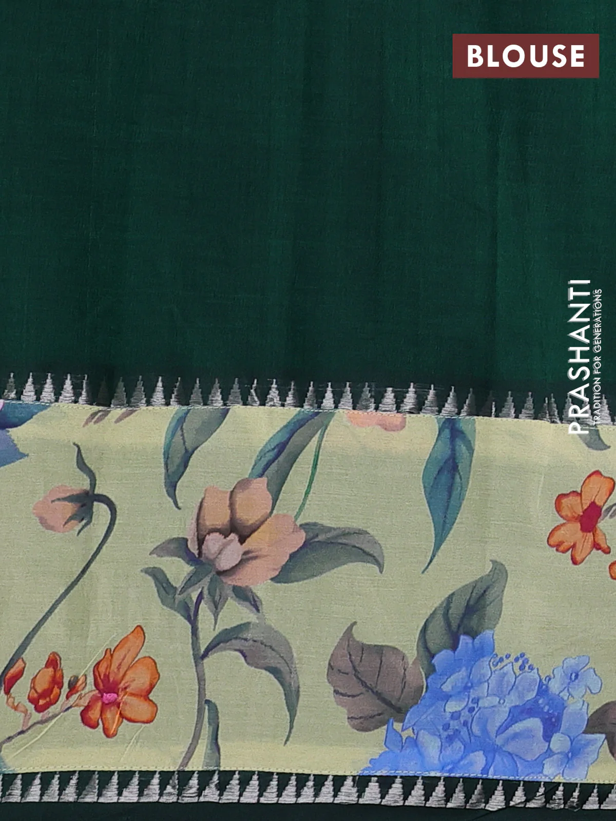 Mangalgiri silk cotton saree dark green and pista green with plain body and temple design kalamkari printed applique border - Image 3