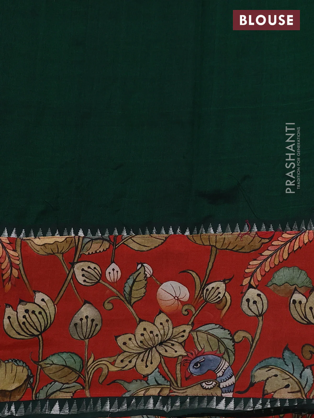 Mangalgiri silk cotton saree dark green and rustic orange with plain body and long kalamkari printed applique border - Image 3