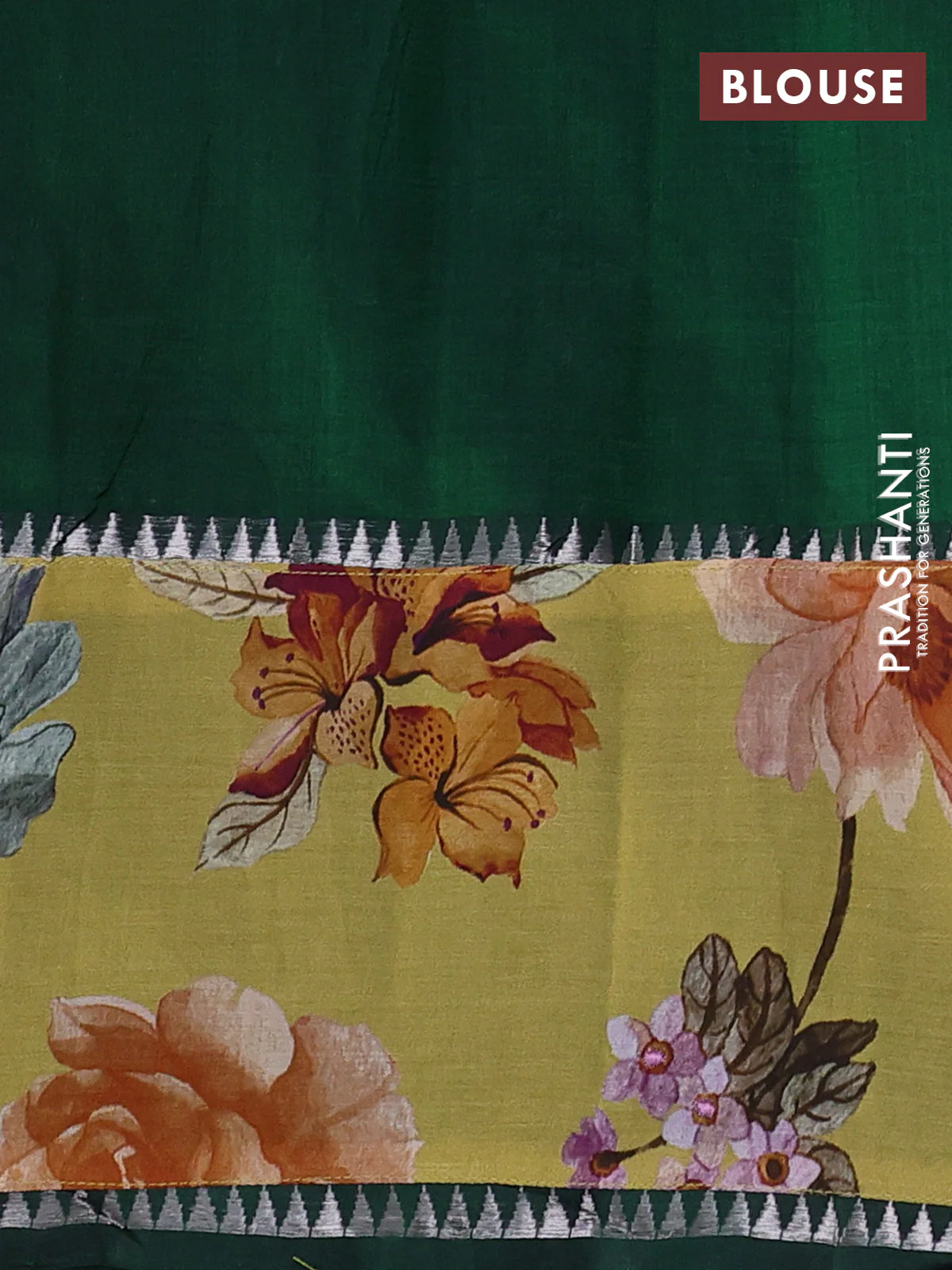 Mangalgiri silk cotton saree dark green and yellow with plain body and temple design kalamkari printed applique border - Image 3