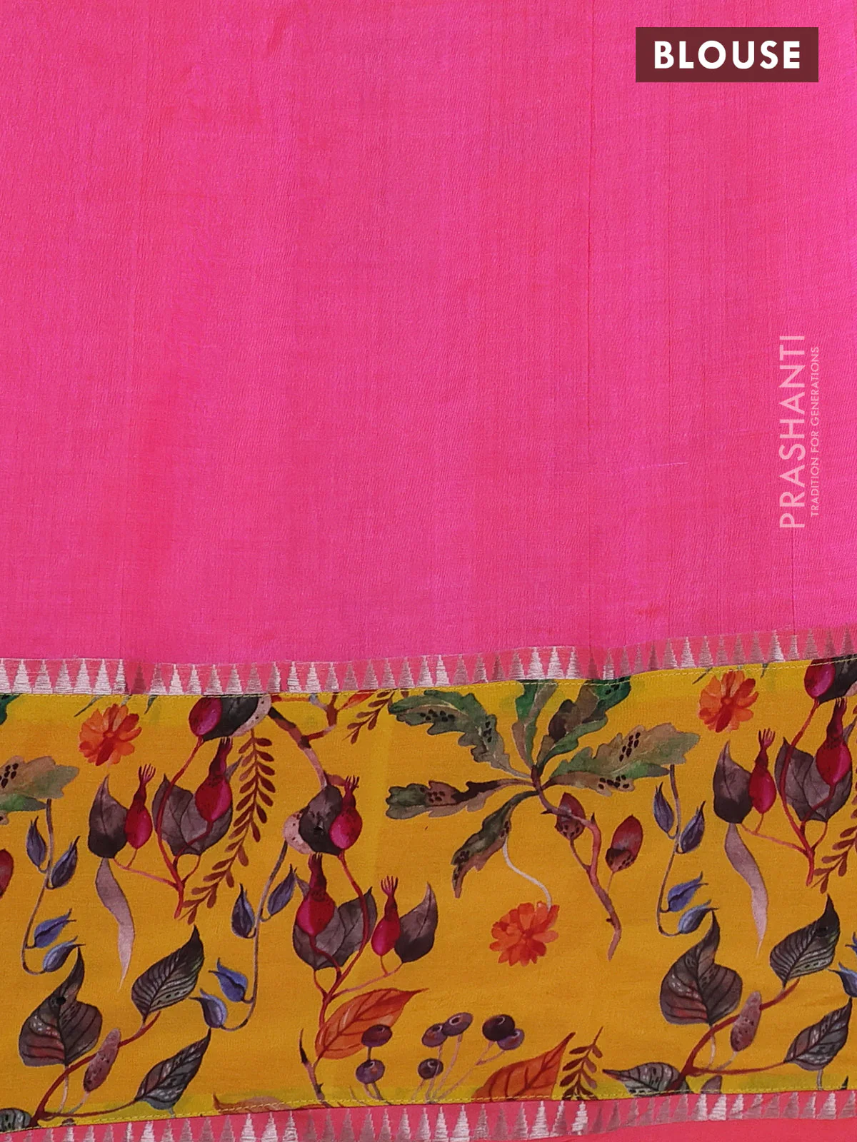 Mangalgiri silk cotton saree dual shade of candy pink and yellow with plain body and long kalamkari printed applique border - Image 3