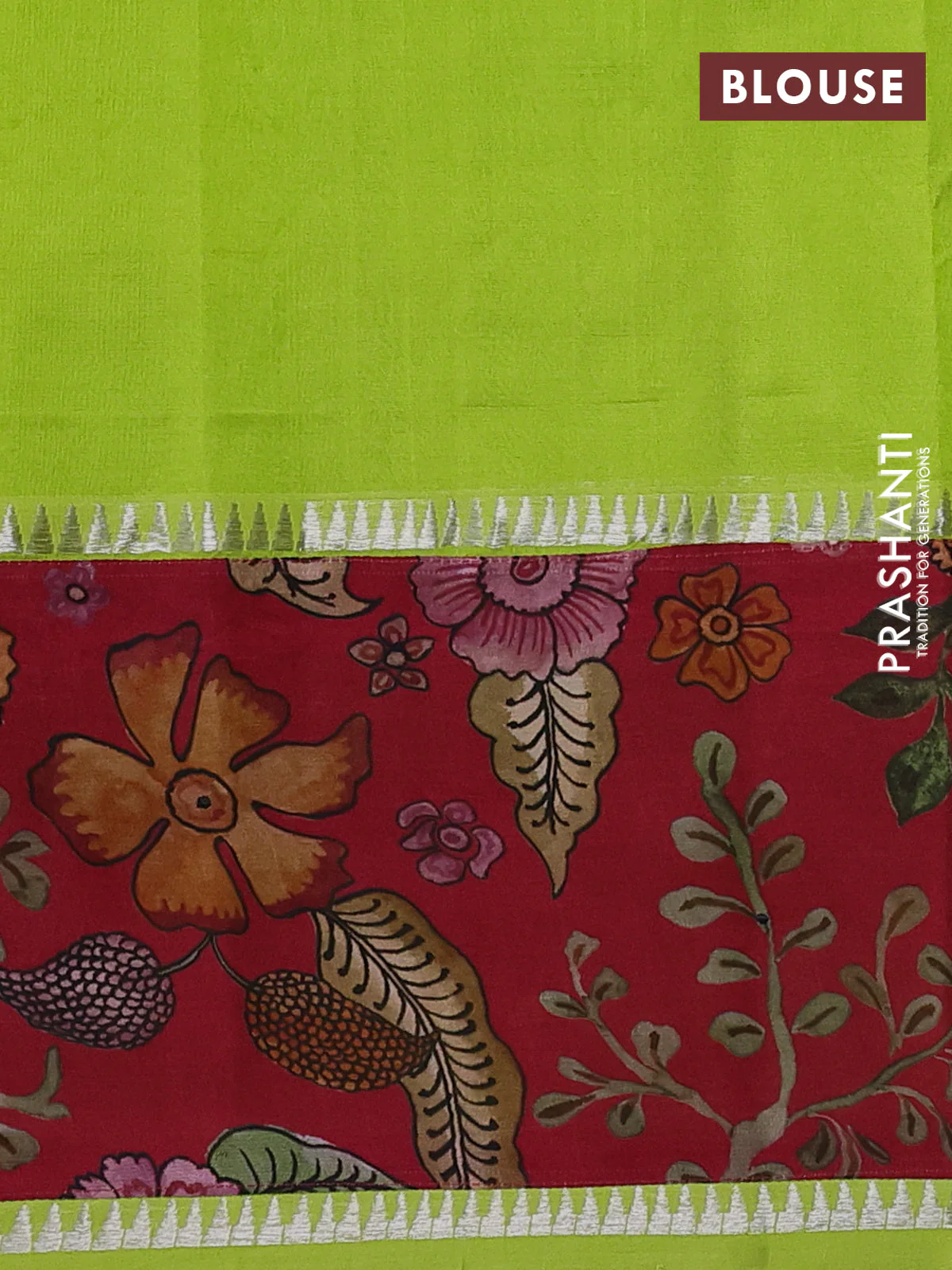 Mangalgiri silk cotton saree fluorescent green and maroon with plain body and temple design kalamkari printed applique border - Image 3