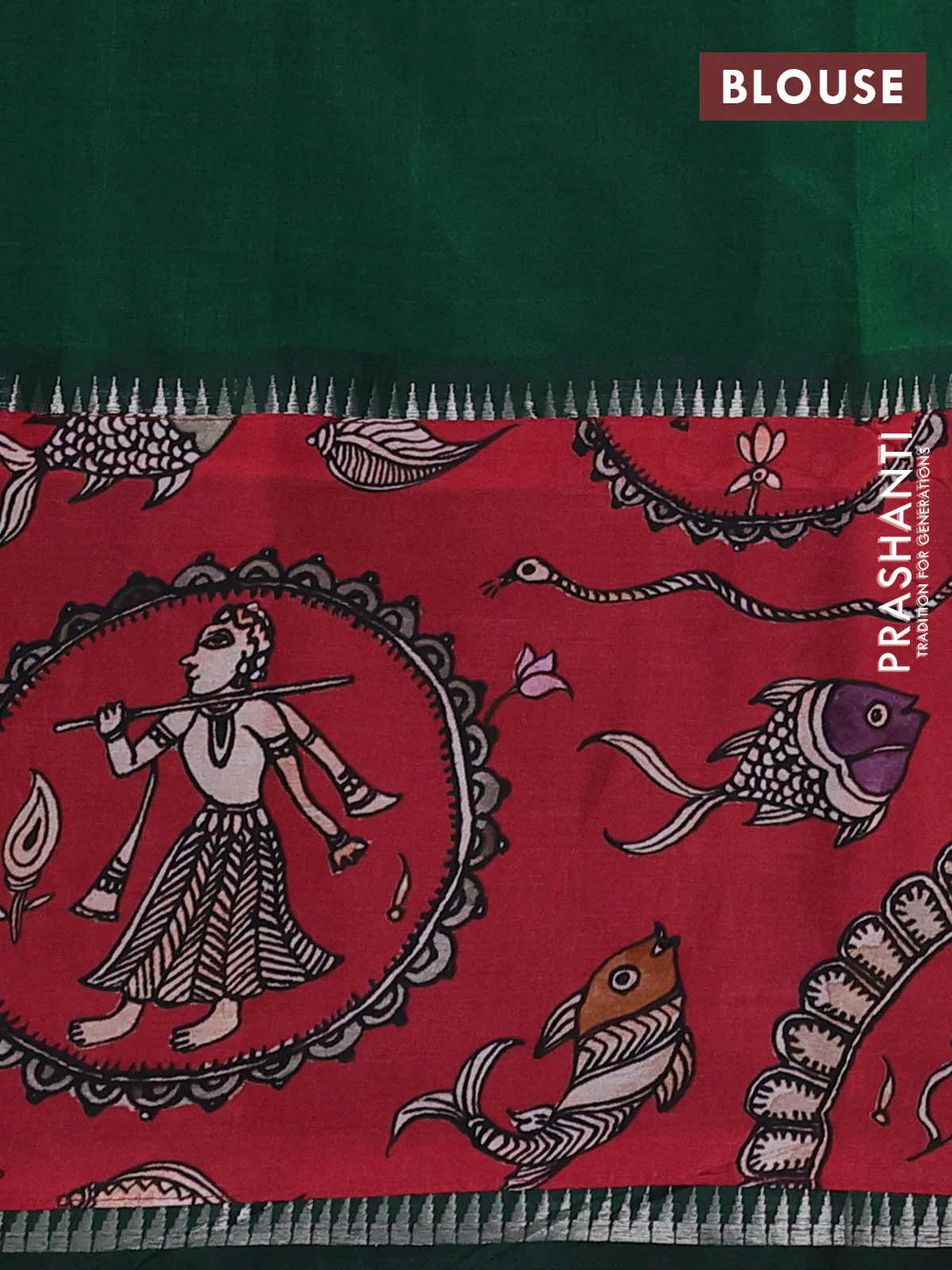 Mangalgiri silk cotton saree green and maroon with plain body and temple design kalamkari printed applique border - Image 3