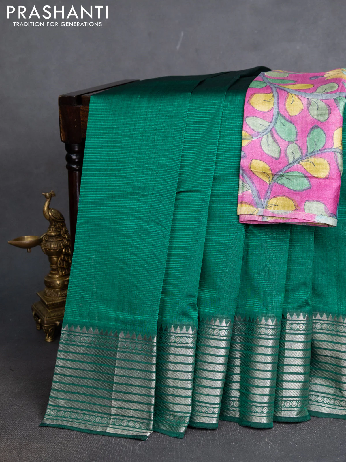 Mangalgiri silk cotton saree green and pink with plain body and silver zari woven border