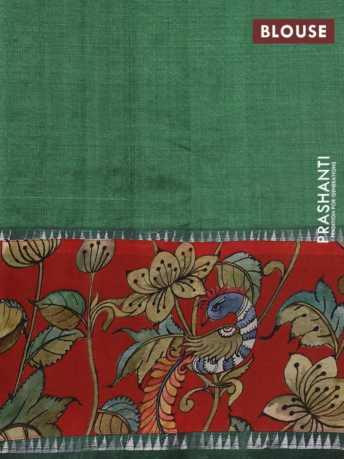 Mangalgiri silk cotton saree green and red with plain body and temple design kalamkari printed applique border - Image 3