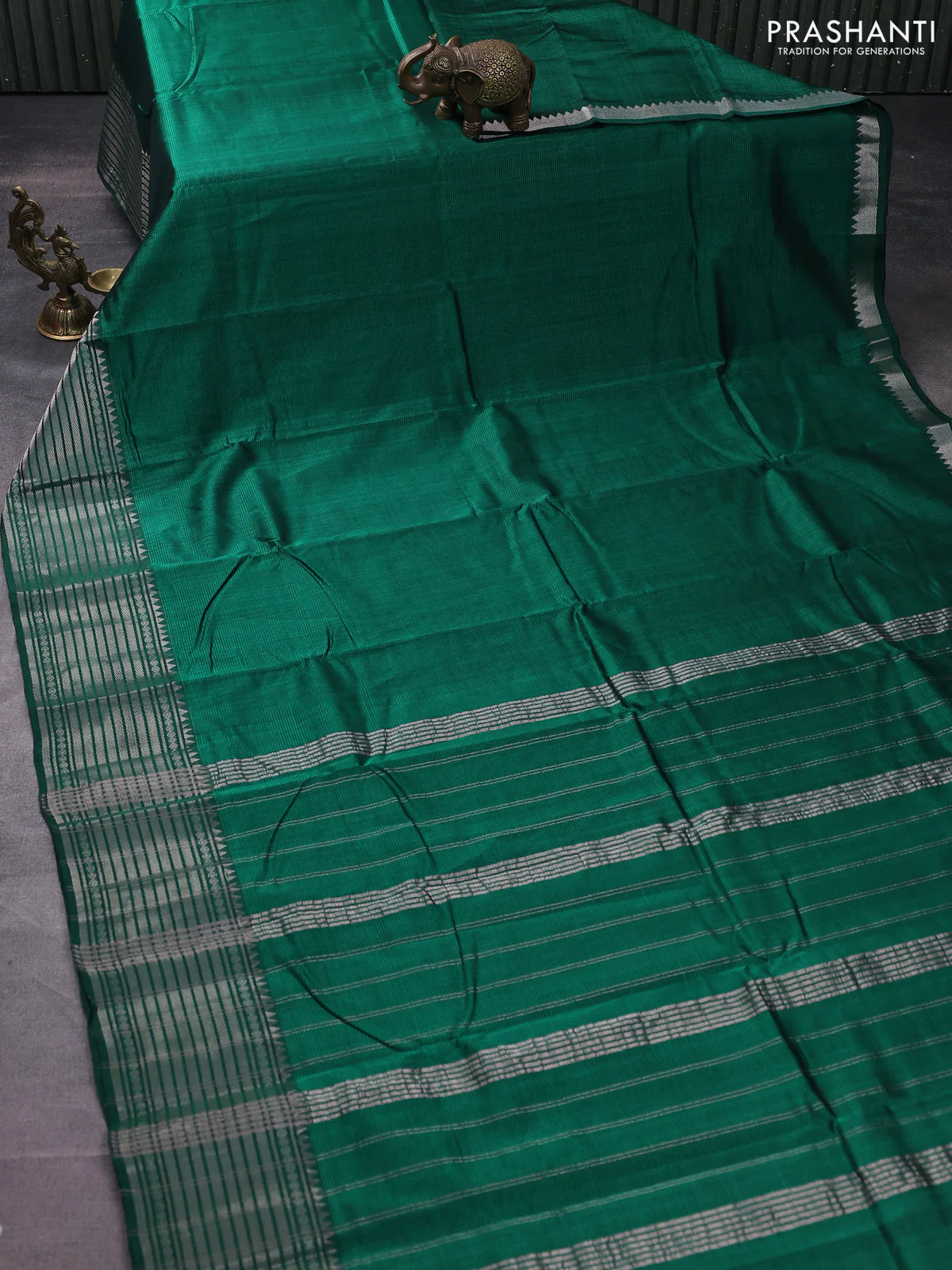 Mangalgiri silk cotton saree green and rust shade with palin body and silver zari woven border - Image 2