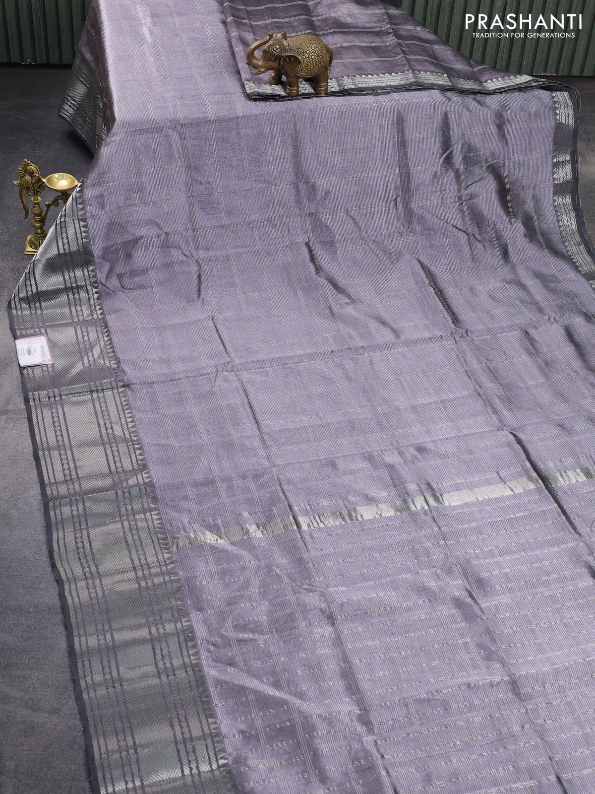Mangalgiri silk cotton saree grey shade with allover silver zari woven checked pattern and silver zari woven border - Image 2