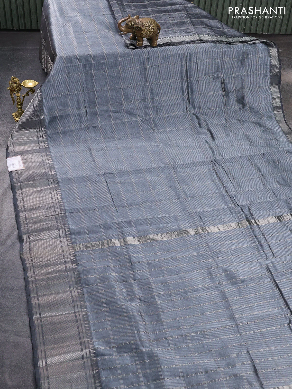Mangalgiri silk cotton saree grey with allover silver zari woven checked pattern and silver zari woven border - Image 2