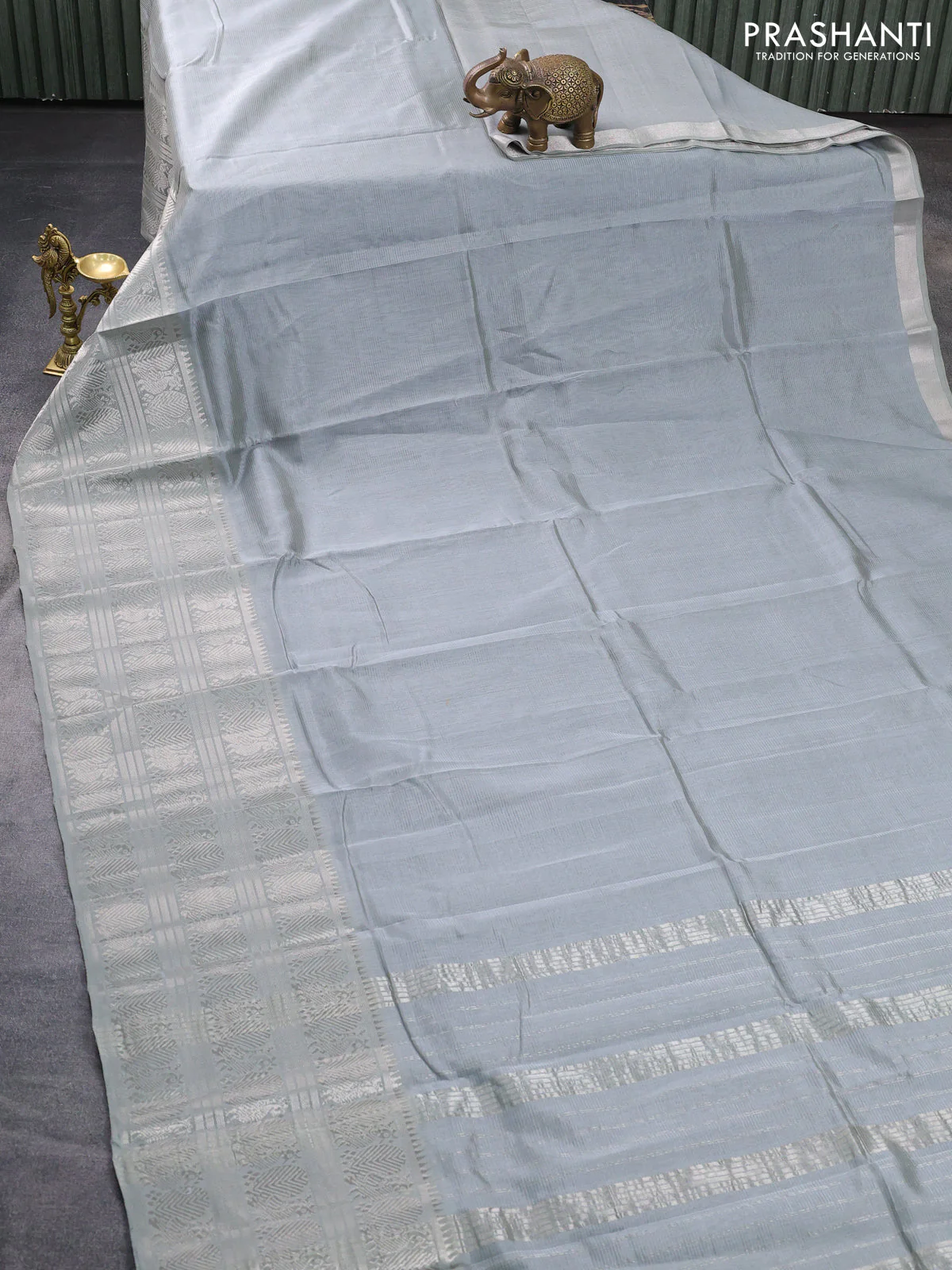 Mangalgiri silk cotton saree grey with plain body and long annam silver zari woven border - Image 2