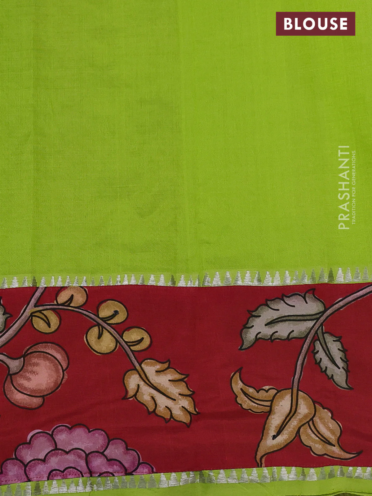 Mangalgiri silk cotton saree light green and maroon with plain body and long kalamkari printed applique border - Image 3