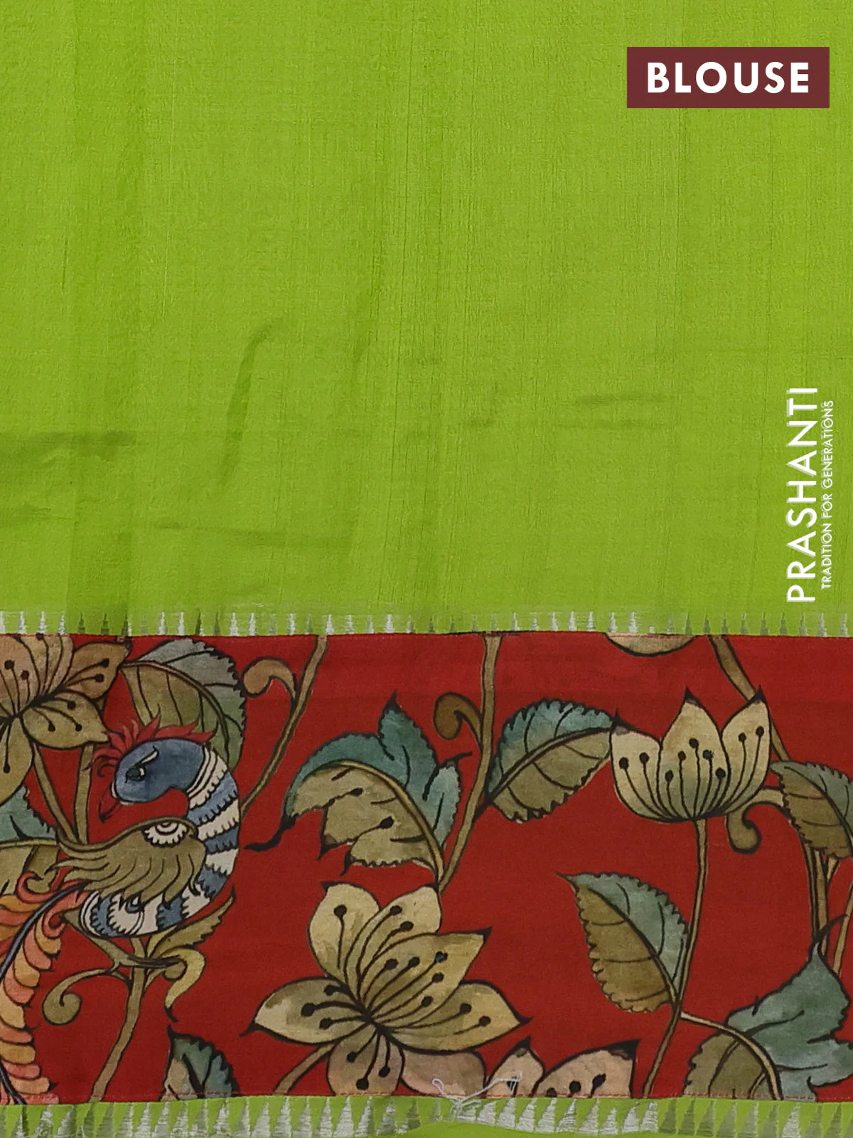 Mangalgiri silk cotton saree light green and red with plain body and temple design kalamkari printed applique border - Image 3