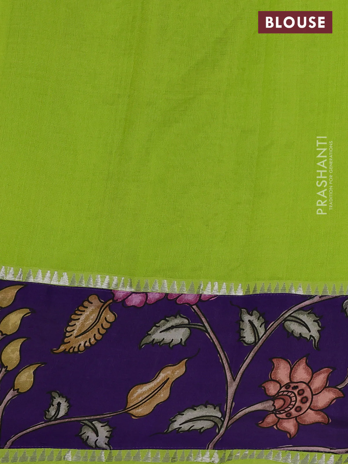 Mangalgiri silk cotton saree light green and violet with plain body and long kalamkari printed applique border - Image 3