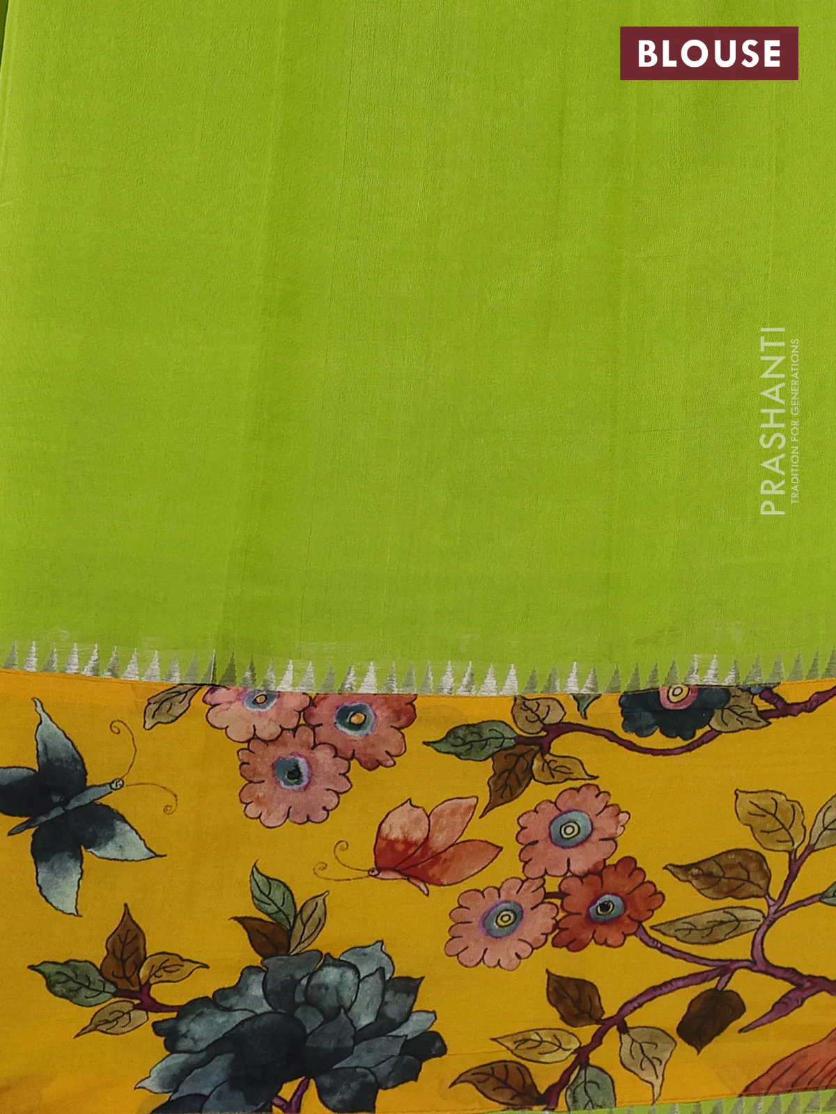 Mangalgiri silk cotton saree light green and yellow with plain body and long kalamkari printed applique border - Image 3