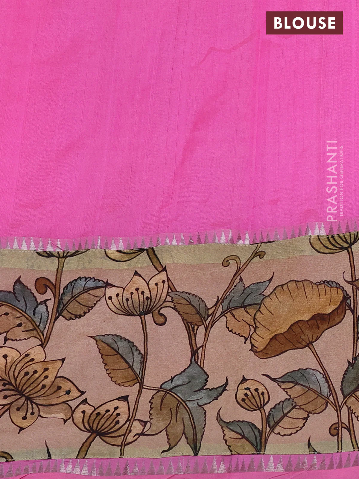 Mangalgiri silk cotton saree light pink and cream with plain body and long kalamkari printed applique border - Image 3