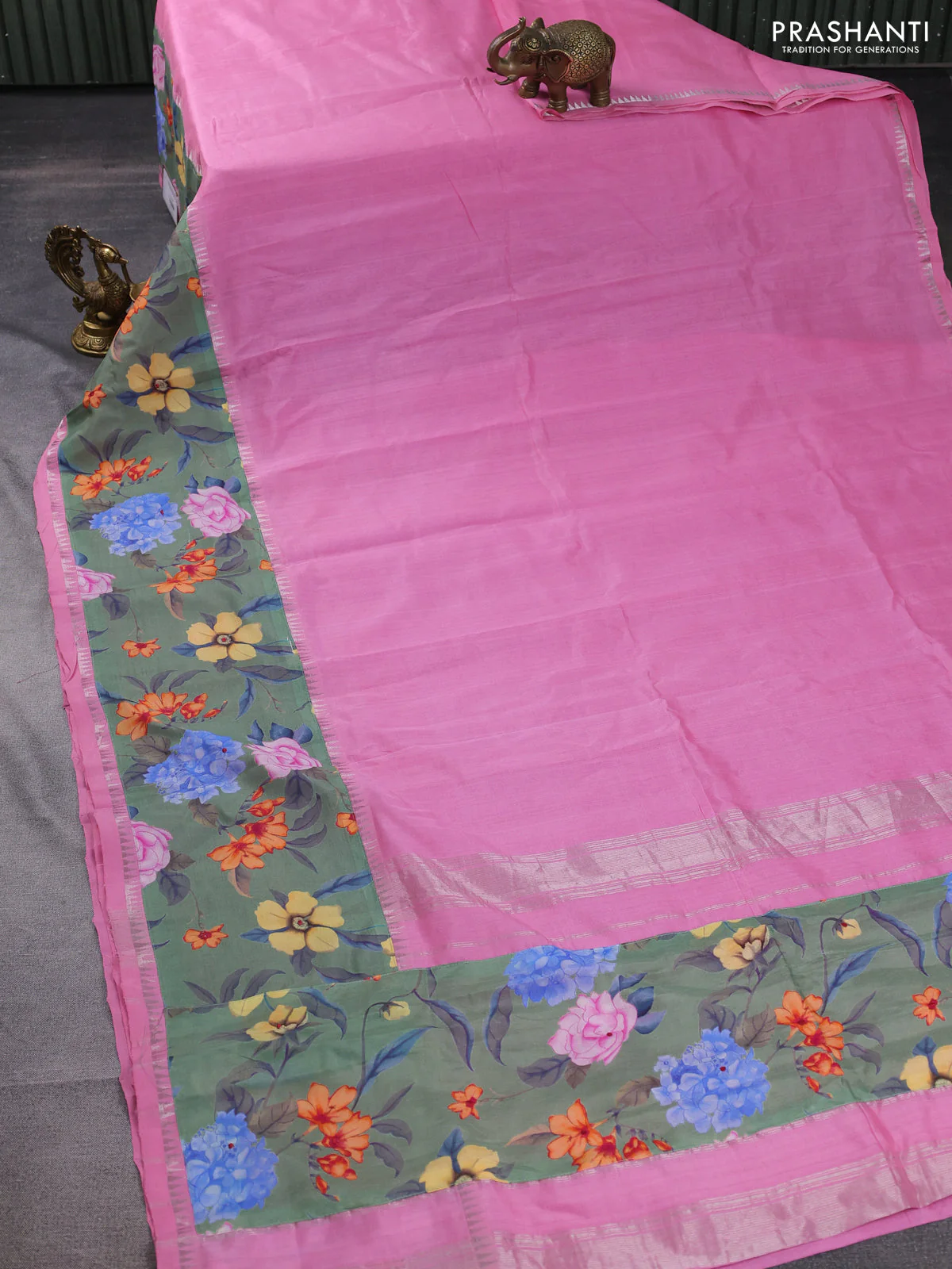 Mangalgiri silk cotton saree light pink and green shade with plain body and long kalamkari printed applique border - Image 2