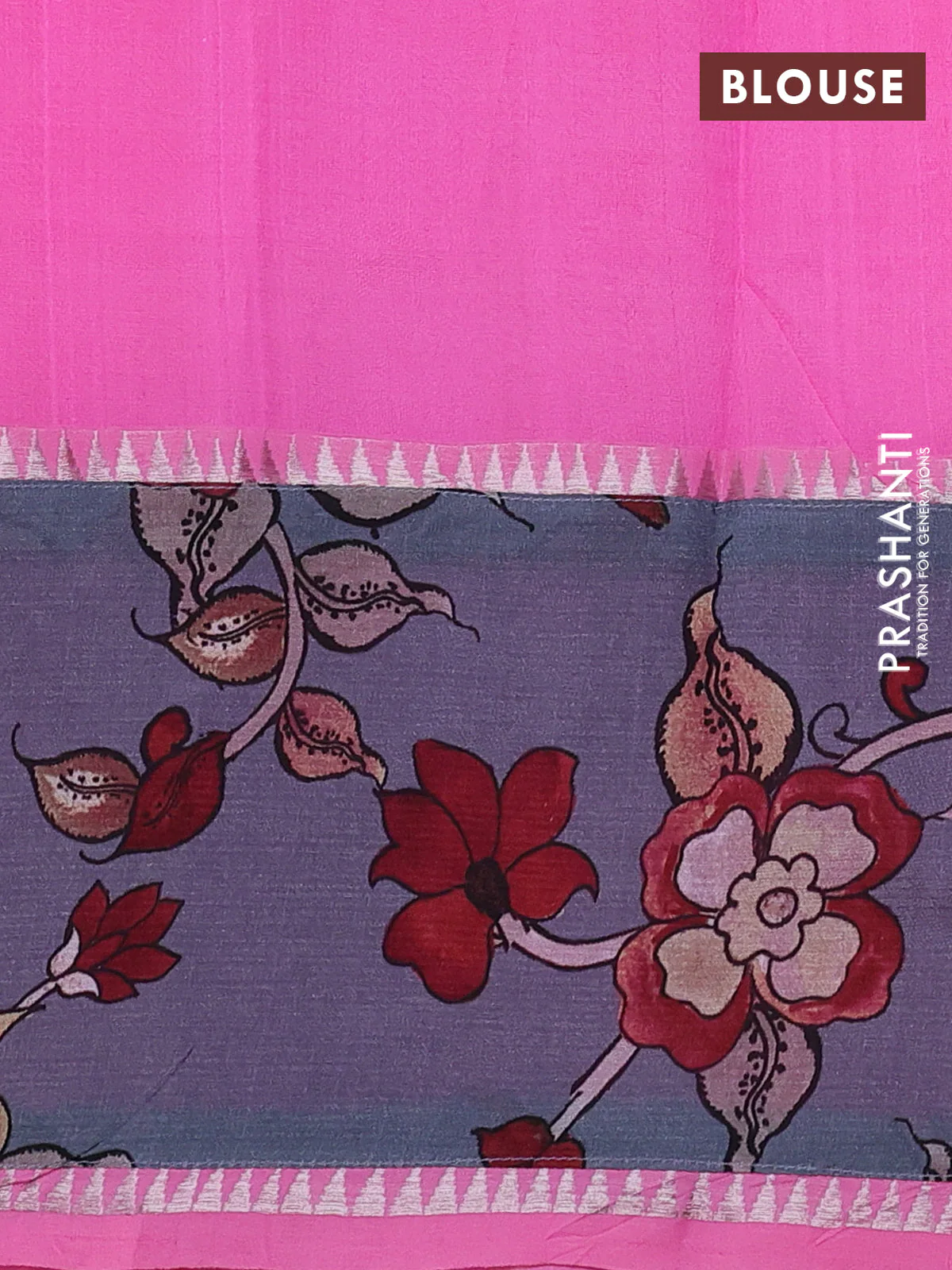 Mangalgiri silk cotton saree light pink and grey with plain body and temple design kalamkari printed applique border - Image 3
