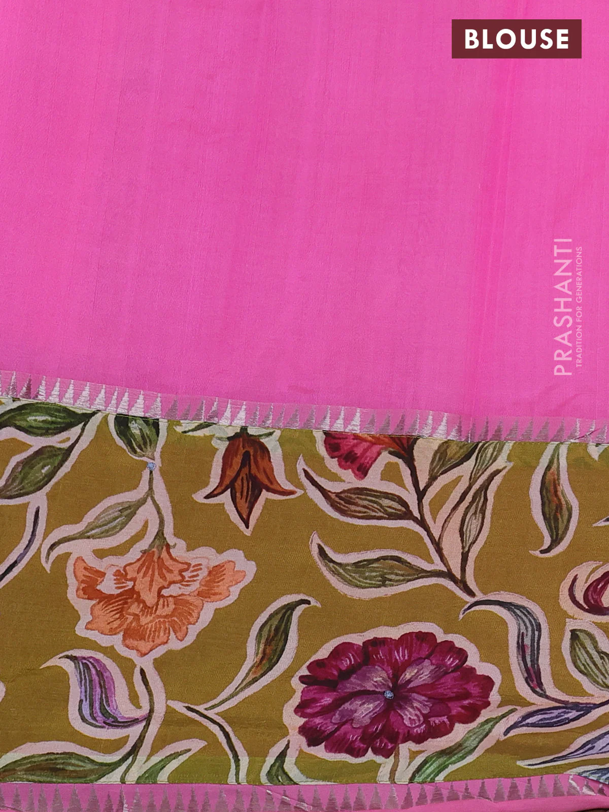 Mangalgiri silk cotton saree light pink and mehendi green with plain body and long kalamkari printed applique border - Image 3