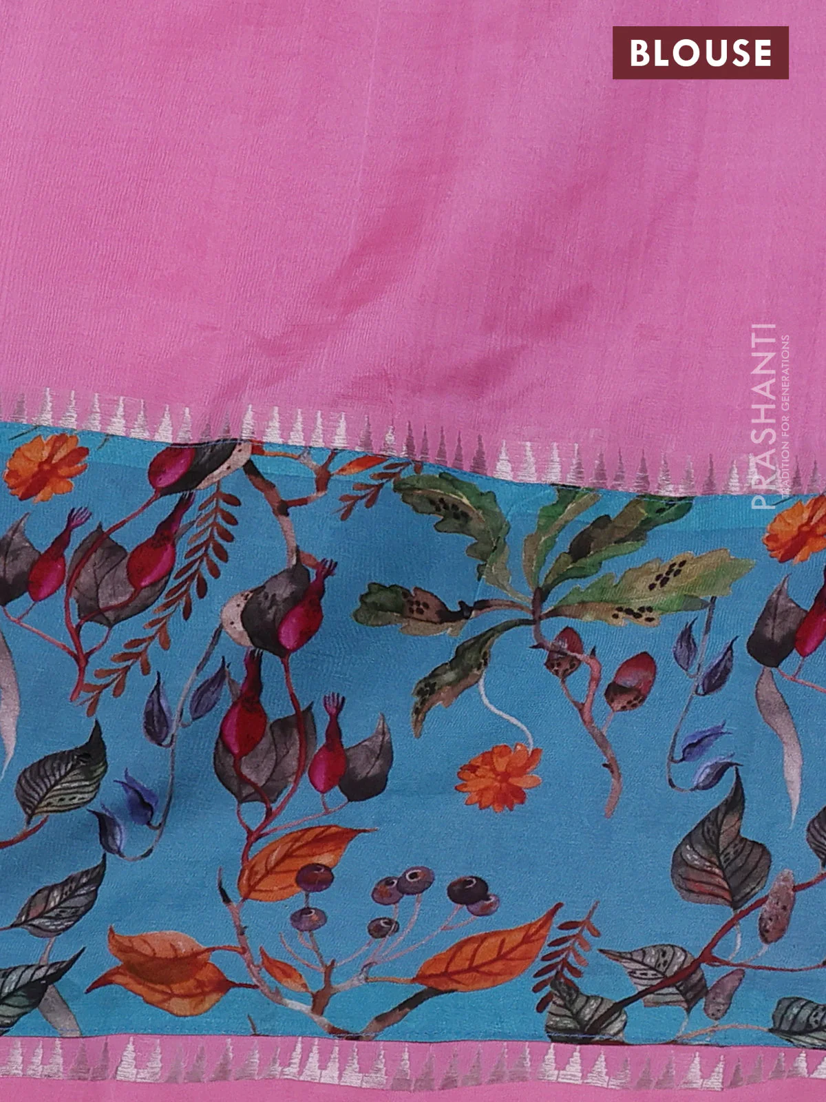 Mangalgiri silk cotton saree light pink and pastel blue with plain body and long kalamkari printed applique border - Image 3