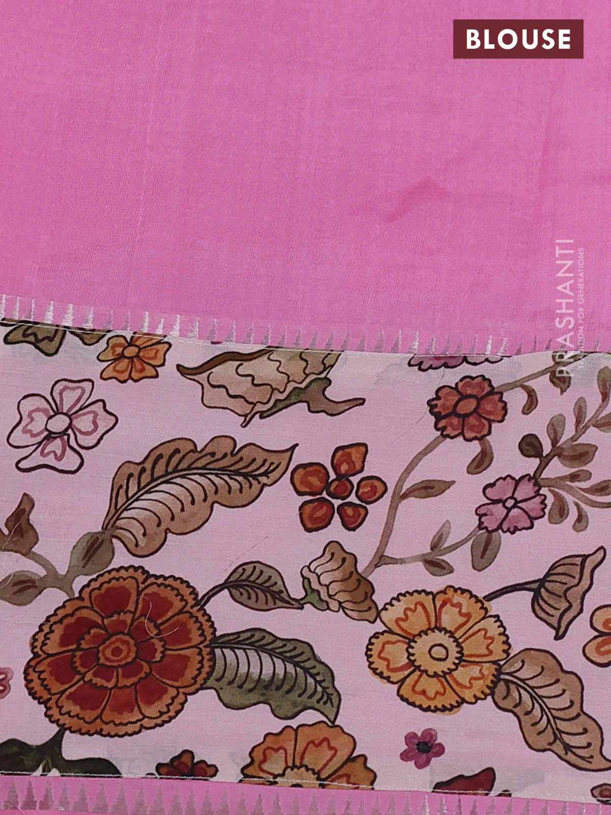 Mangalgiri silk cotton saree light pink and pastel peach pink with plain body and long kalamkari printed applique border - Image 3