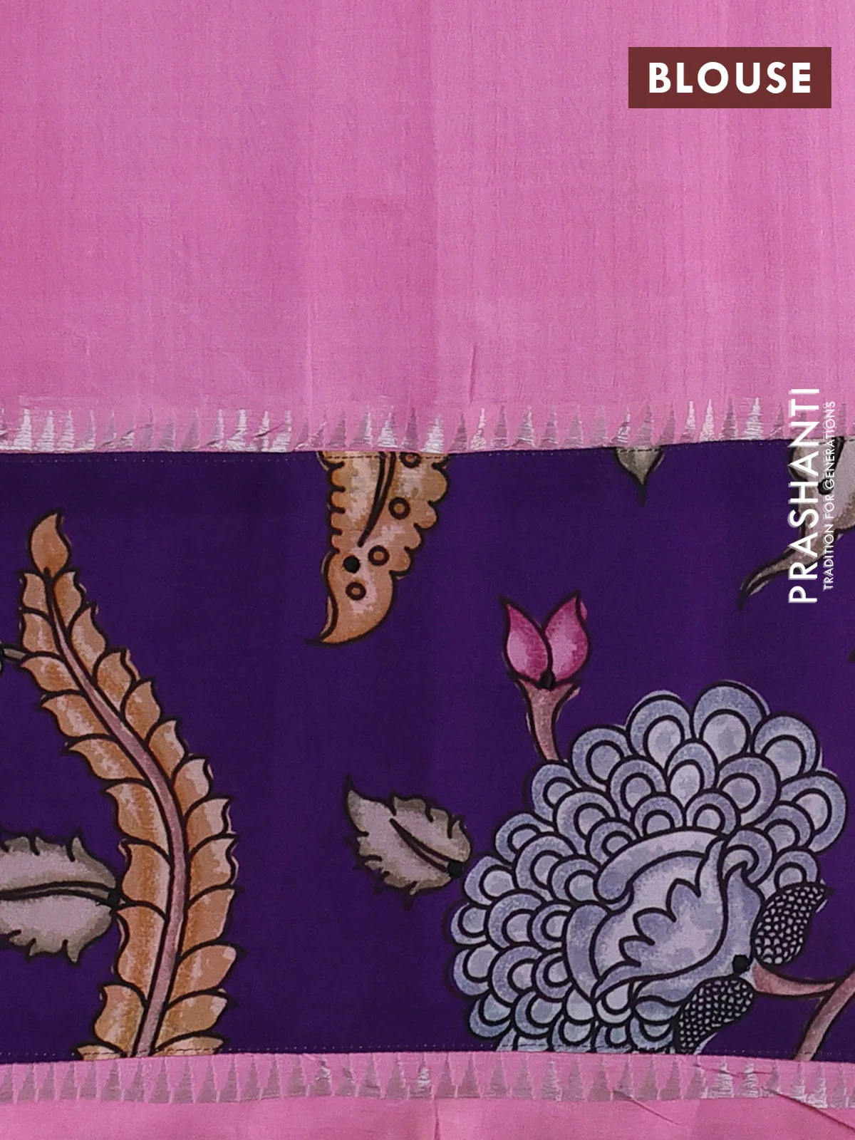 Mangalgiri silk cotton saree light pink and violet with plain body and temple design kalamkari printed applique border - Image 3