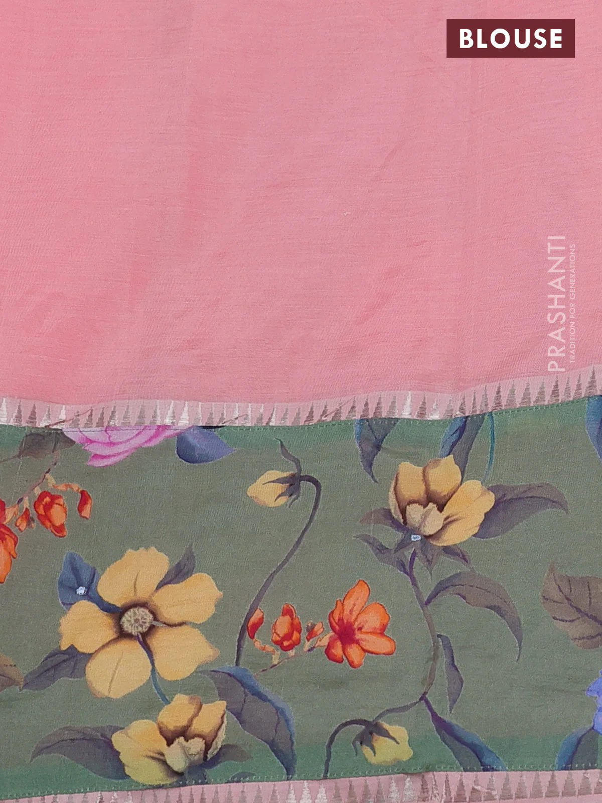 Mangalgiri silk cotton saree mild peach pink and green shade with plain body and long kalamkari printed applique border - Image 3