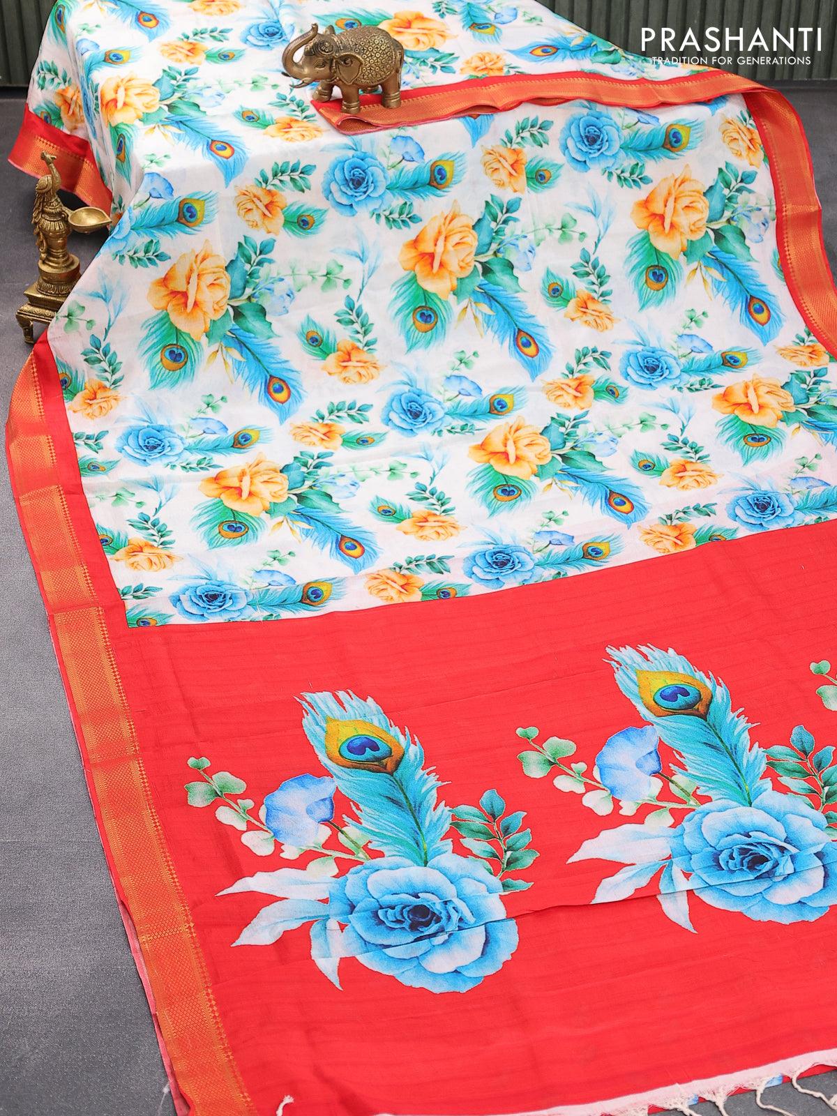 Mangalgiri silk cotton saree off white and red with allover floral prints and zari woven border - Image 2