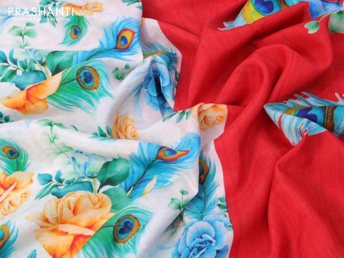 Mangalgiri silk cotton saree off white and red with allover floral prints and zari woven border - Image 3
