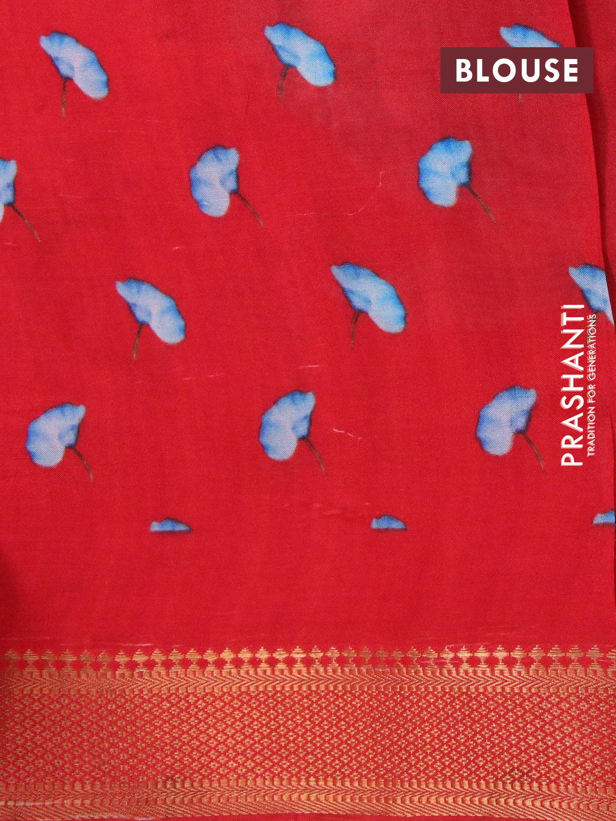 Mangalgiri silk cotton saree off white and red with allover floral prints and zari woven border - Image 4