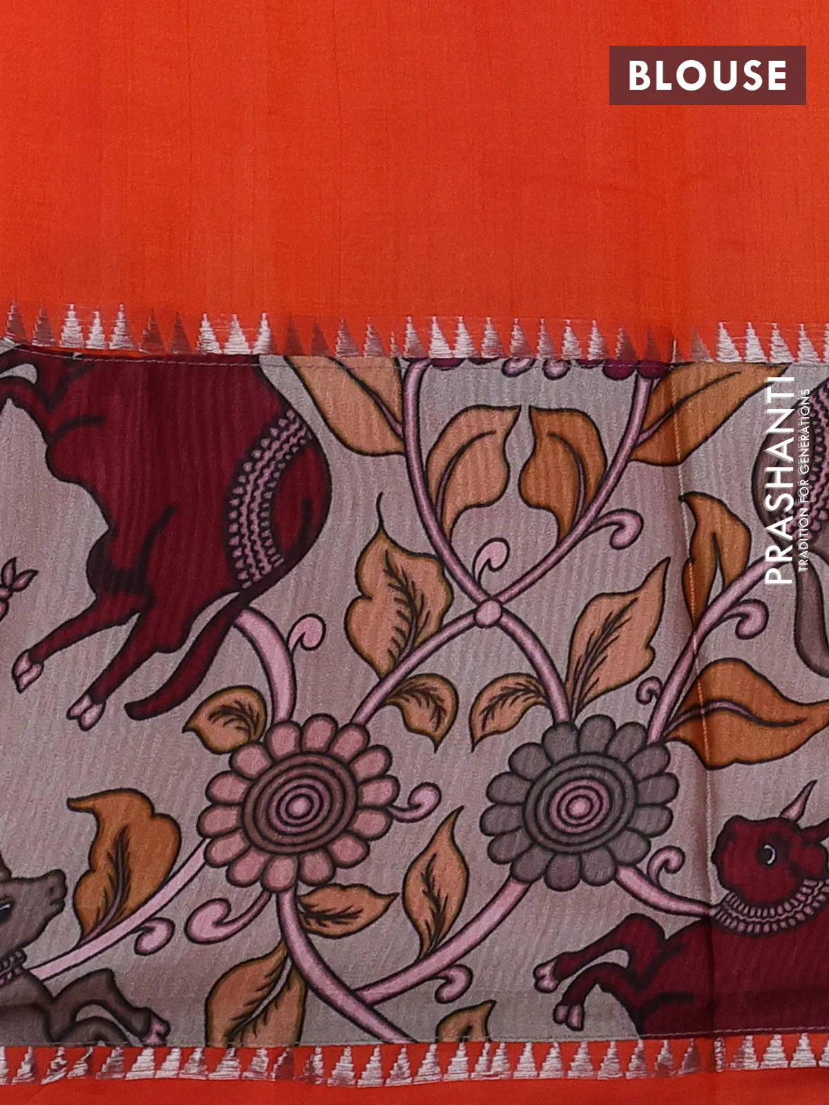 Mangalgiri silk cotton saree orange and beige with plain body and temple design kalamkari printed applique border - Image 3