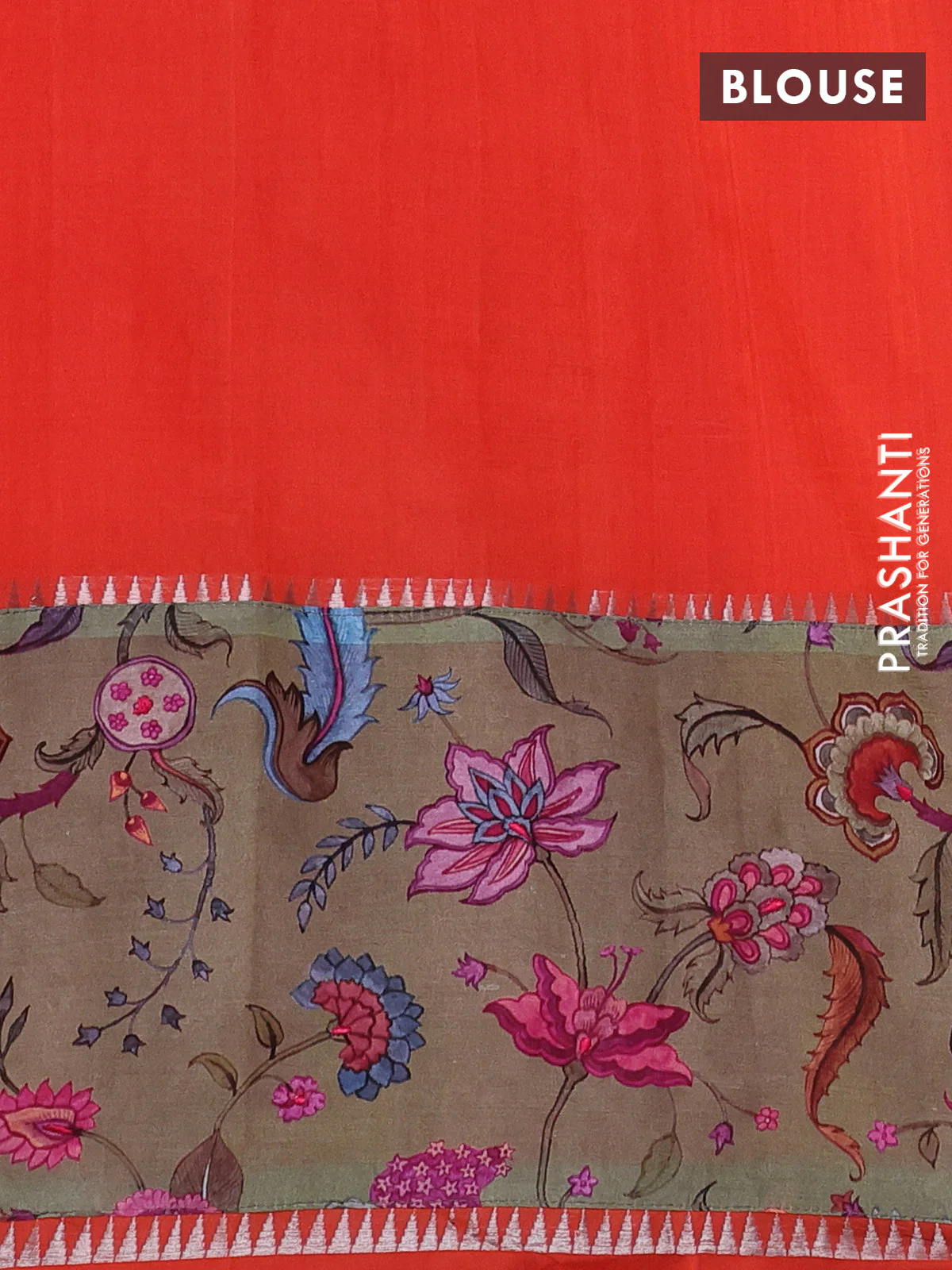 Mangalgiri silk cotton saree orange and chikku shade with plain body and temple design kalamkari printed applique border - Image 3