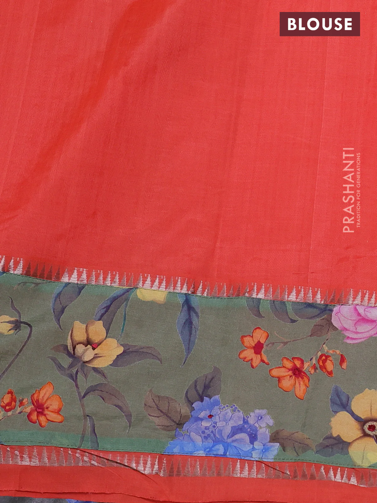 Mangalgiri silk cotton saree orange and green with plain body and long kalamkari printed applique border - Image 3