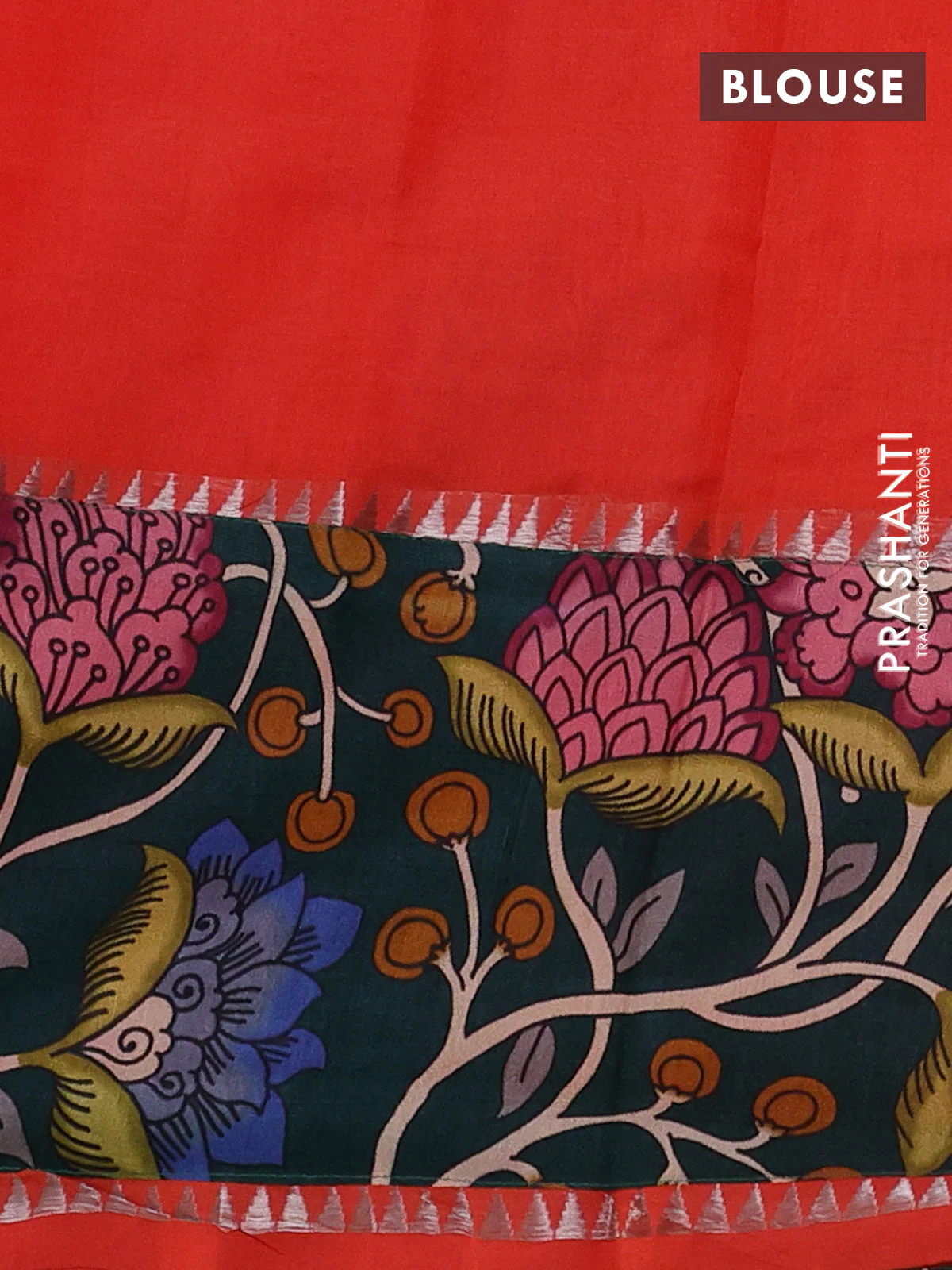 Mangalgiri silk cotton saree orange and green with plain body and temple design kalamkari printed applique border - Image 3