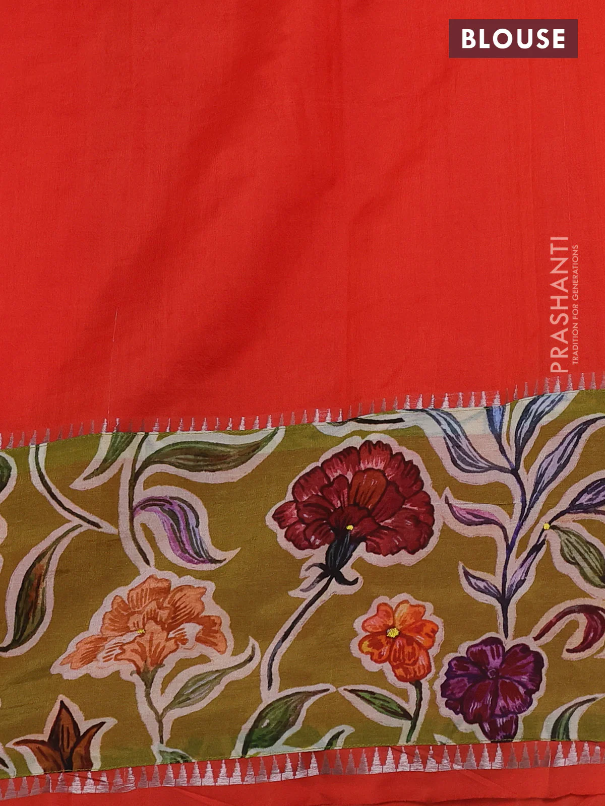 Mangalgiri silk cotton saree orange and mehendi green with plain body and long kalamkari printed applique border - Image 3