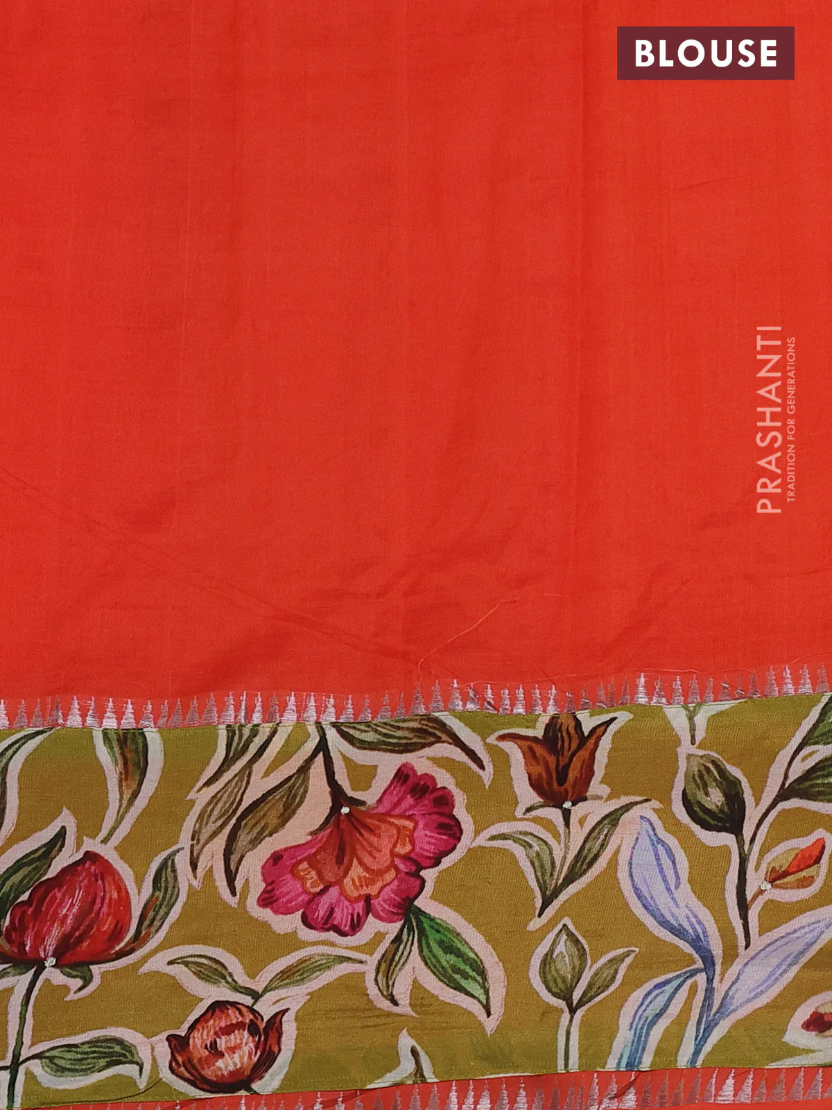 Mangalgiri silk cotton saree orange and mehendi green with plain body and long kalamkari printed applique border - Image 3