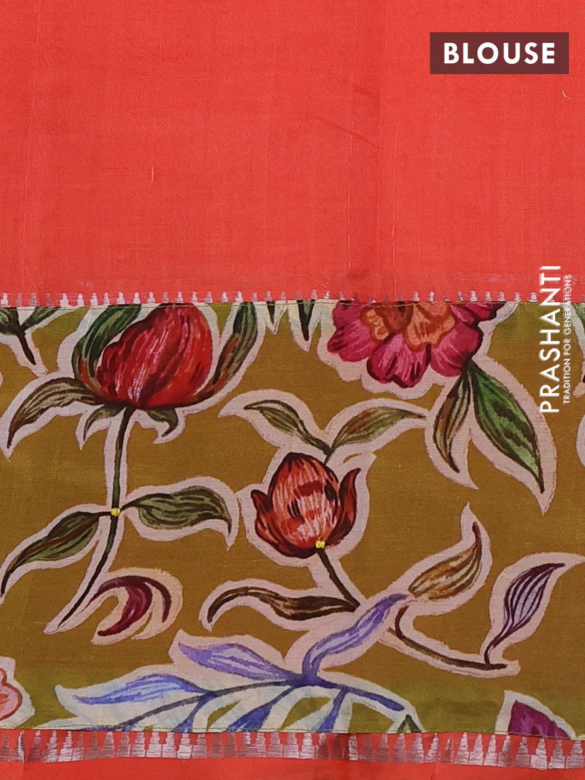 Mangalgiri silk cotton saree orange and mustard green with plain body and temple design kalamkari printed applique border - Image 3