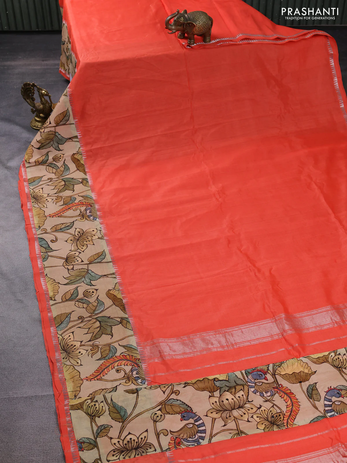 Mangalgiri silk cotton saree orange and sandal with plain body and long kalamkari printed applique border - Image 2