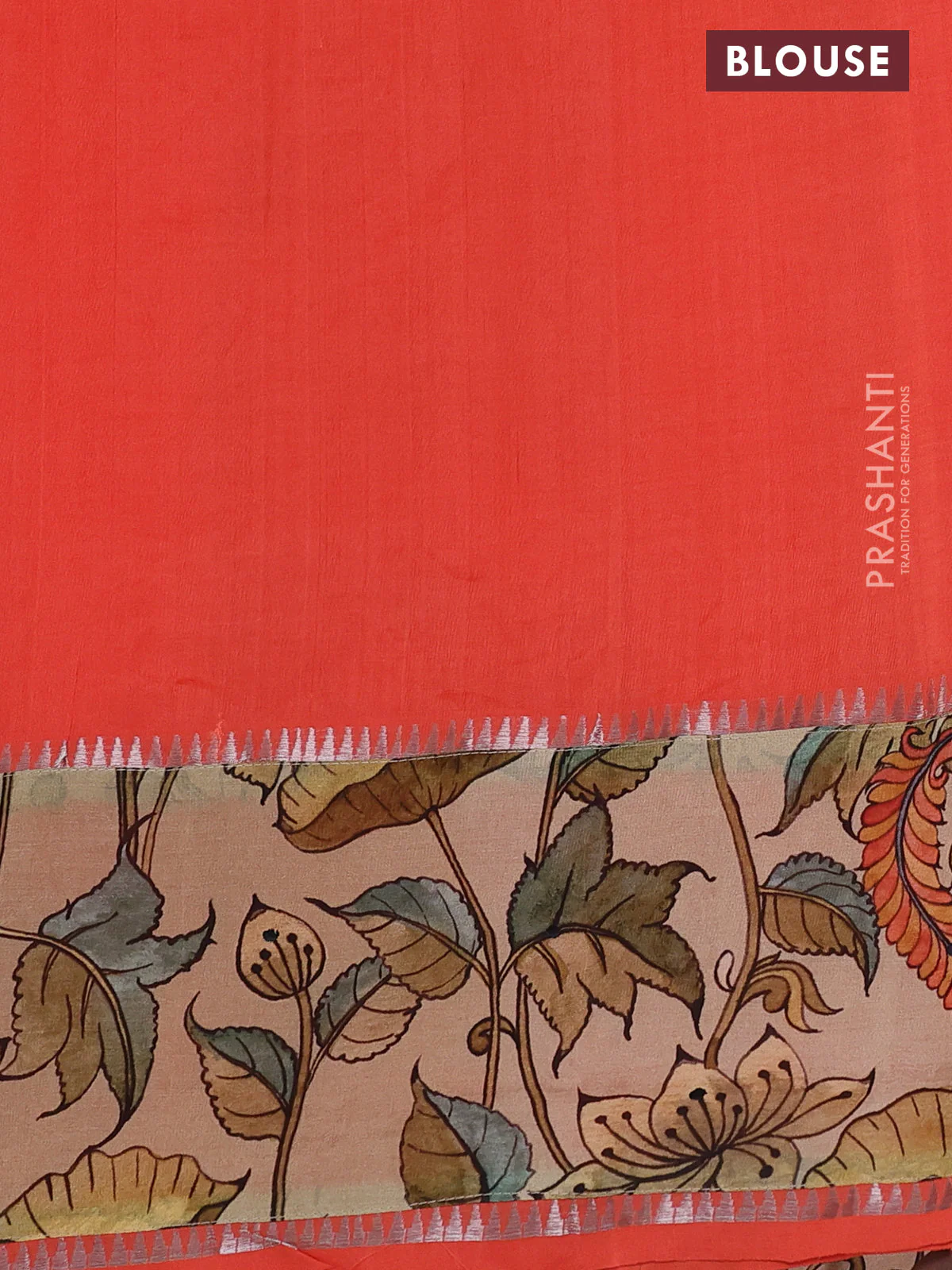 Mangalgiri silk cotton saree orange and sandal with plain body and long kalamkari printed applique border - Image 3