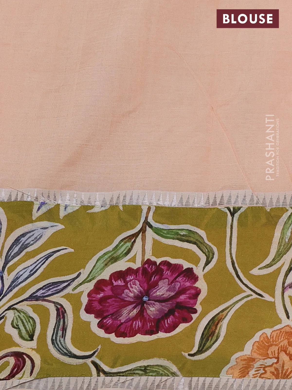 Mangalgiri silk cotton saree pale orange and mehendi green with plain body and long kalamkari printed applique border - Image 3