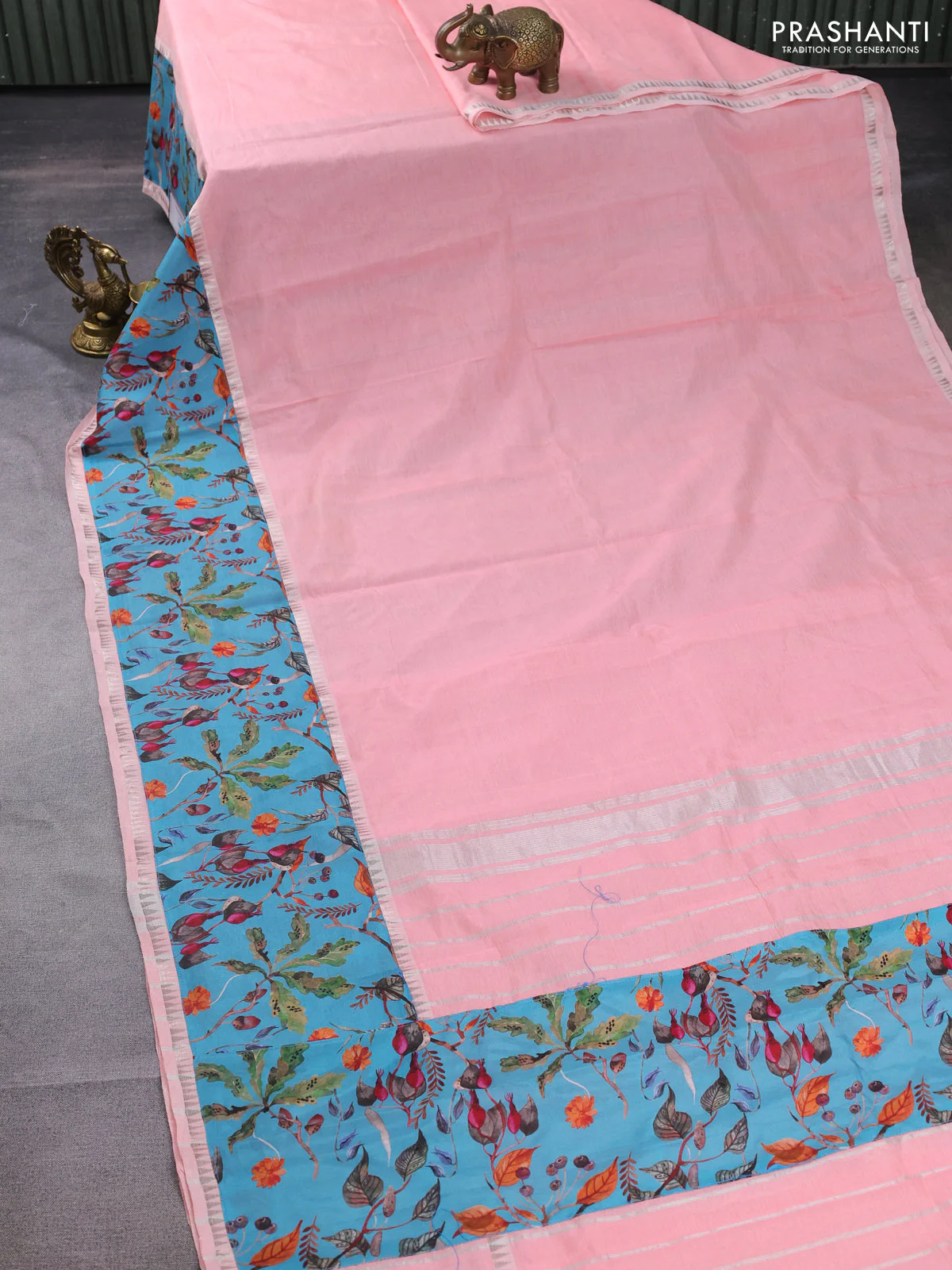 Mangalgiri silk cotton saree pastel peach and blue with plain body and long kalamkari printed applique border - Image 2