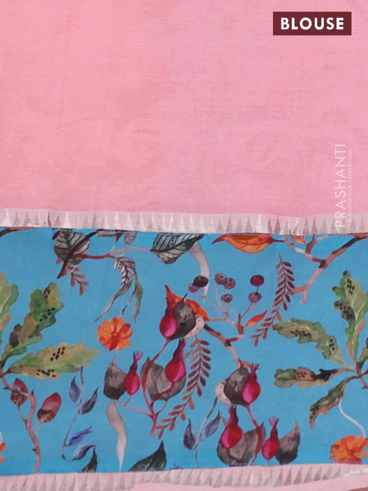 Mangalgiri silk cotton saree pastel peach and blue with plain body and long kalamkari printed applique border - Image 3