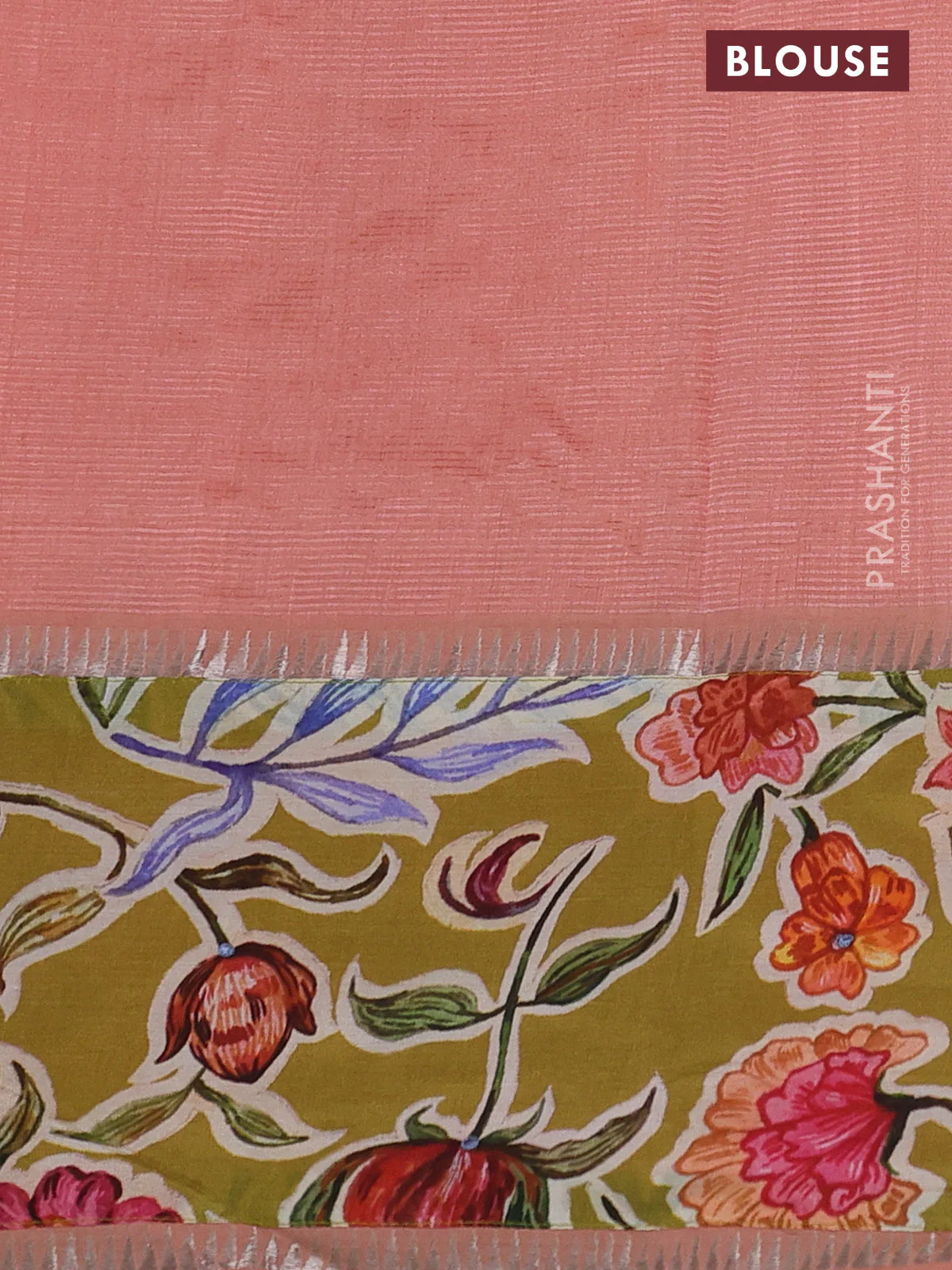Mangalgiri silk cotton saree pastel peach and mehendi green with plain body and long kalamkari printed applique border - Image 3