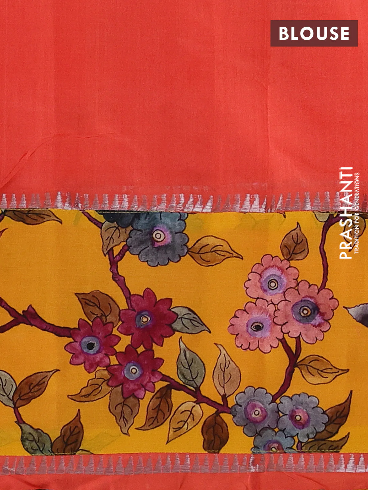Mangalgiri silk cotton saree peach orange and mango yellow with plain body and temple design kalamkari printed applique border - Image 3