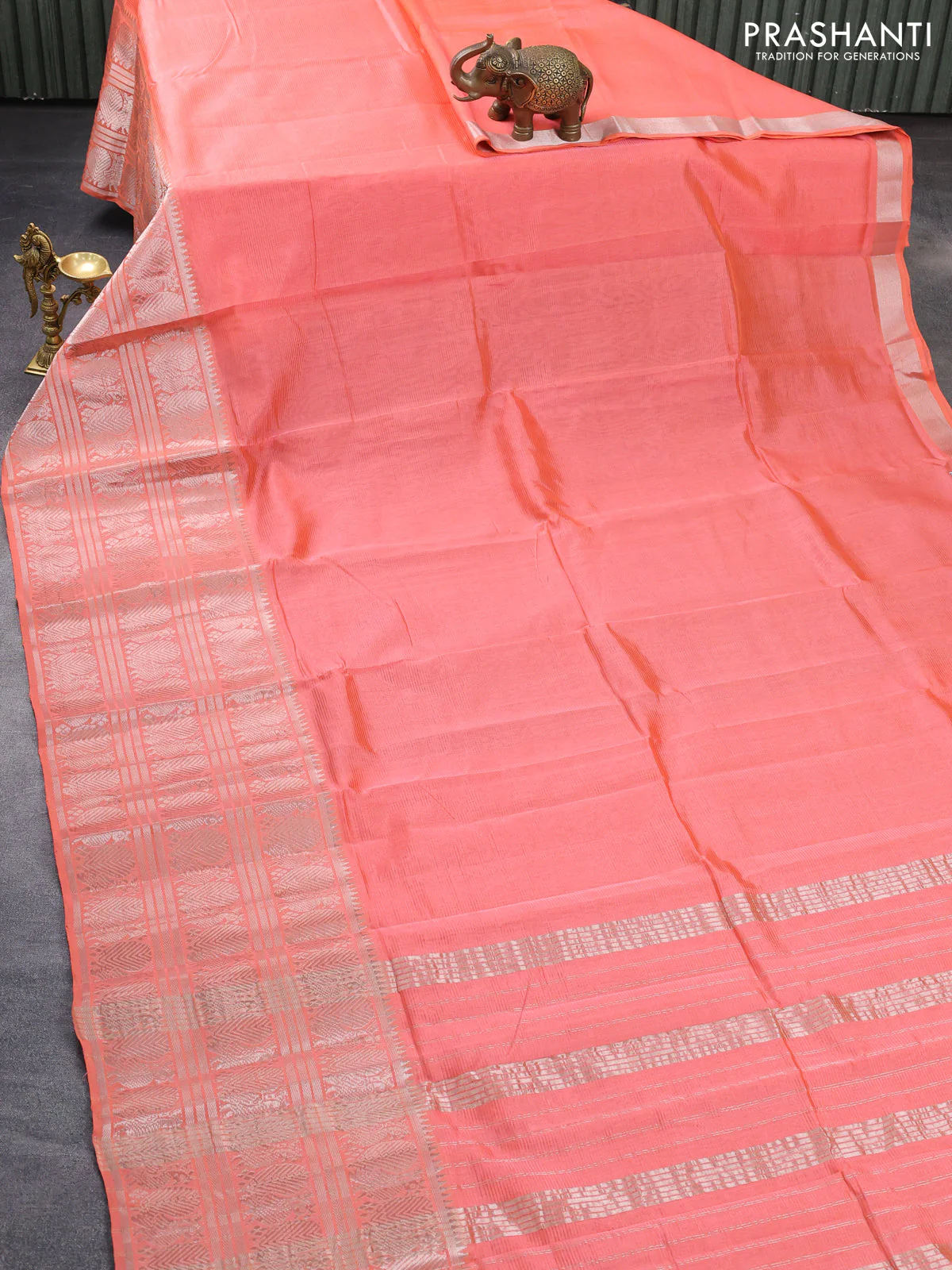 Mangalgiri silk cotton saree peach orange with plain body and long annam silver zari woven border - Image 2