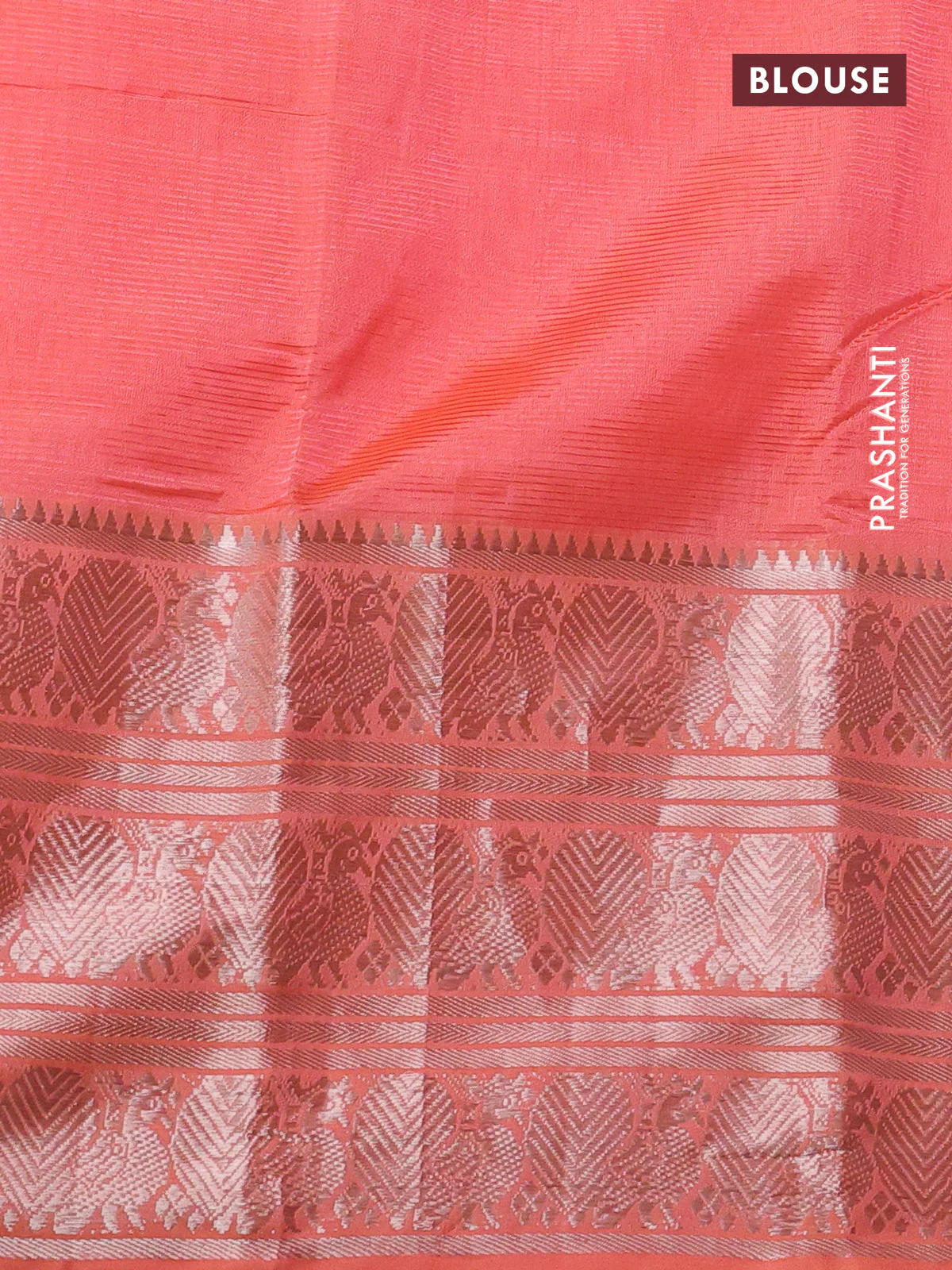 Mangalgiri silk cotton saree peach orange with plain body and long annam silver zari woven border - Image 3