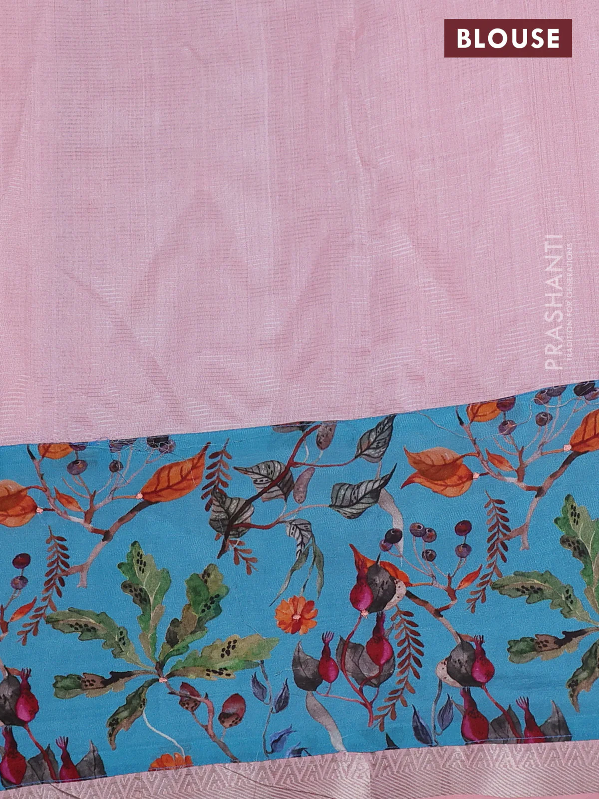 Mangalgiri silk cotton saree peach pink and blue with plain body and long kalamkari printed applique border - Image 3