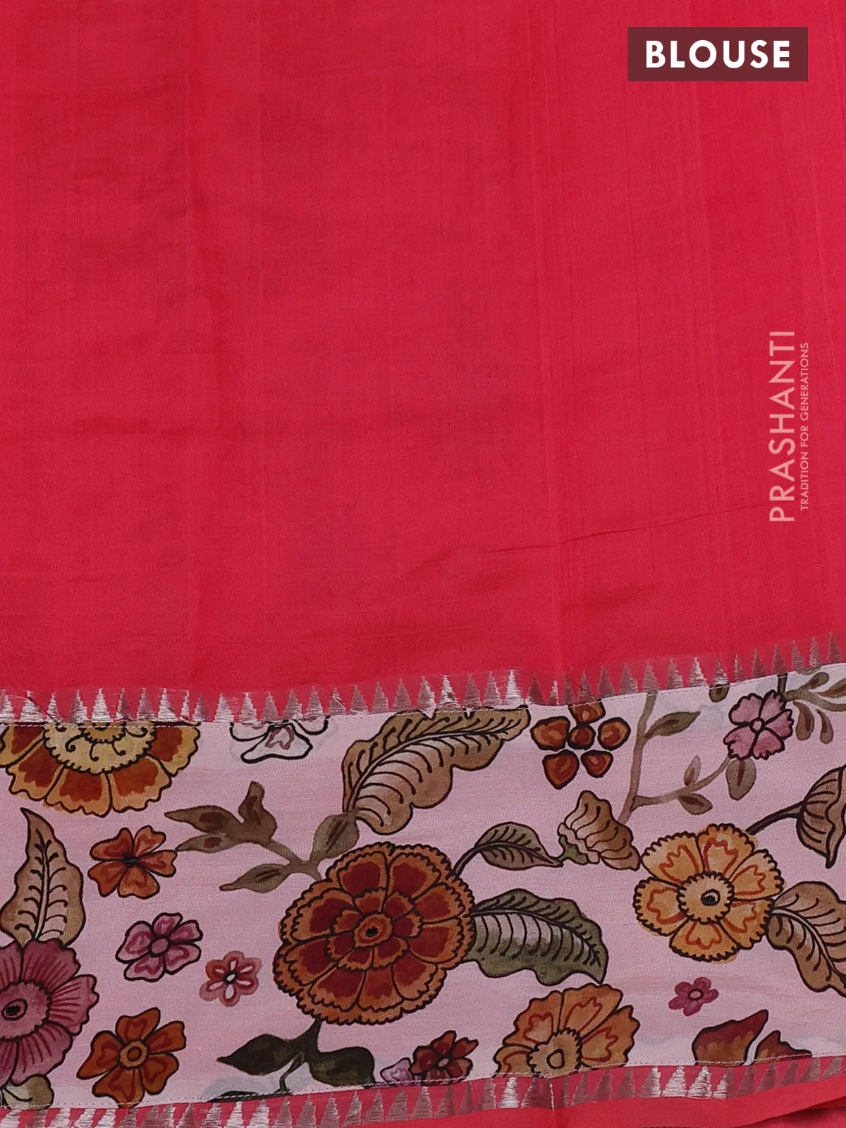Mangalgiri silk cotton saree peach pink with plain body and long kalamkari printed applique border - Image 3