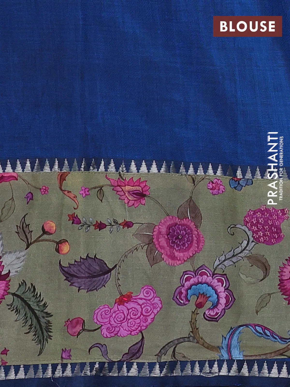 Mangalgiri silk cotton saree peacock blue and pastel green with plain body and temple design kalamkari printed applique border - Image 3
