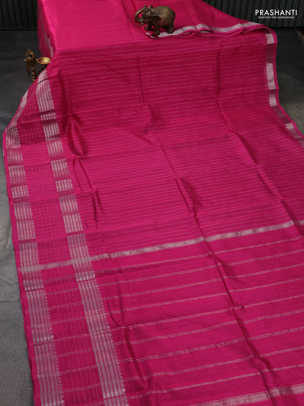 Mangalgiri silk cotton saree pink and mustard yellow with allover silver zari stripe pattern and long rettapet silver zari wove checked border - Image 2