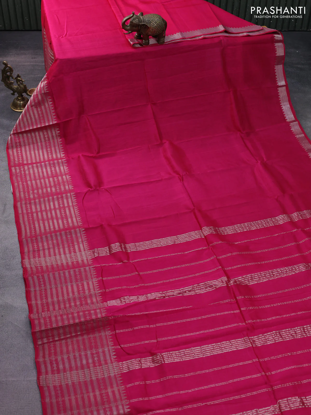 Mangalgiri silk cotton saree pink and pastel green with palin body and long silver zari woven border - Image 2