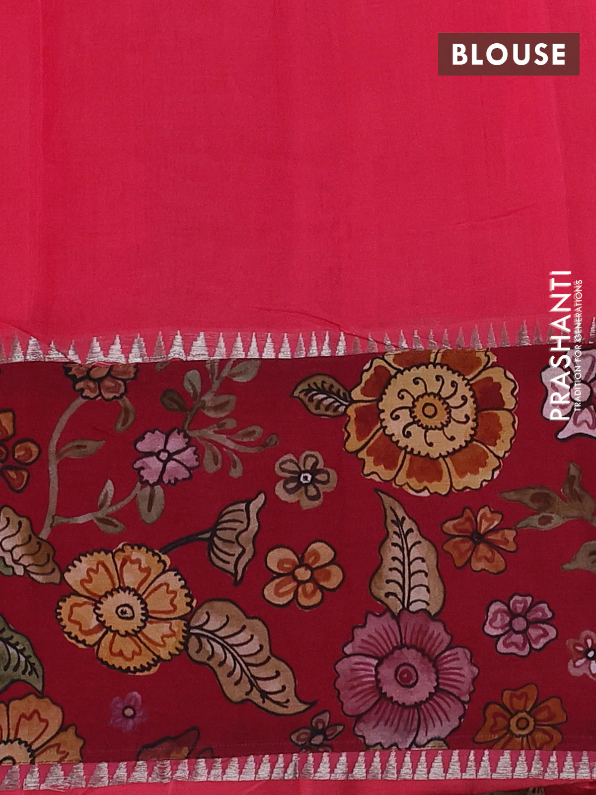 Mangalgiri silk cotton saree pink shade and maroon with plain body and temple design kalamkari printed applique border - Image 3
